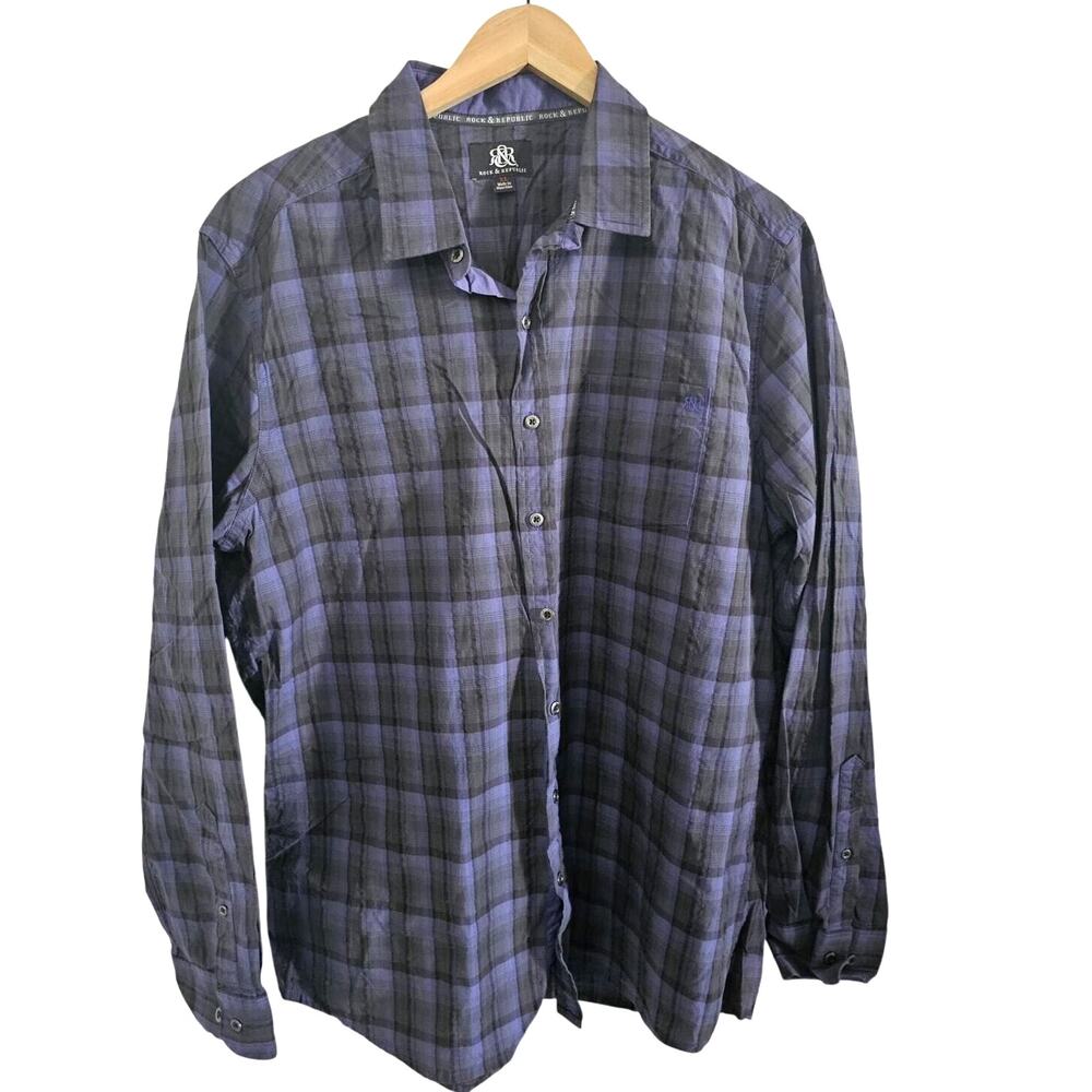 Rock & Republic Plaid Button Down Shirt XL Y2K Emo Rocker Goth Gorpcore Style